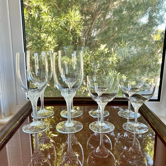 Vintage Twisted Stem Crystal American Cut Roberto Water & Coupe Glasses Set 8 - Picture 3 of 15
